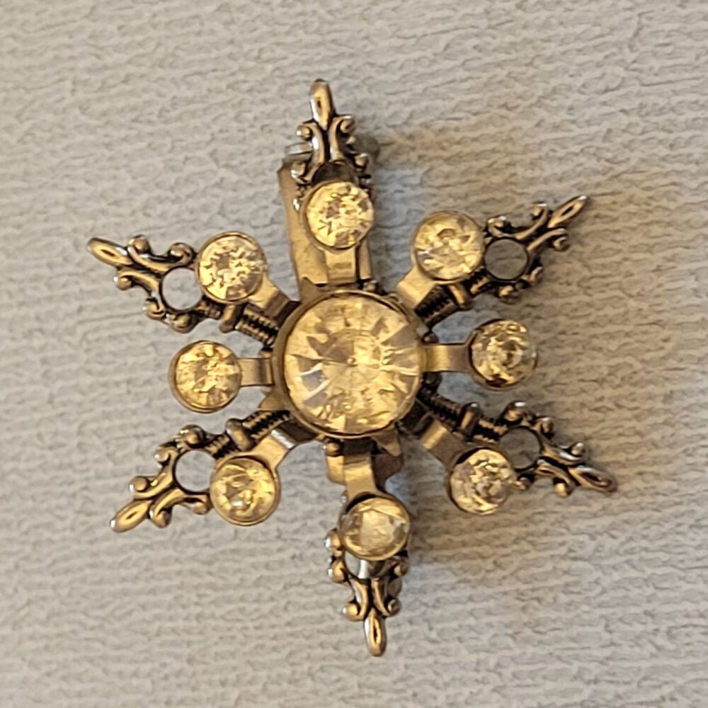 Vintage Rhinestone Snowflake Brooch Pin With Antique Gold Finish